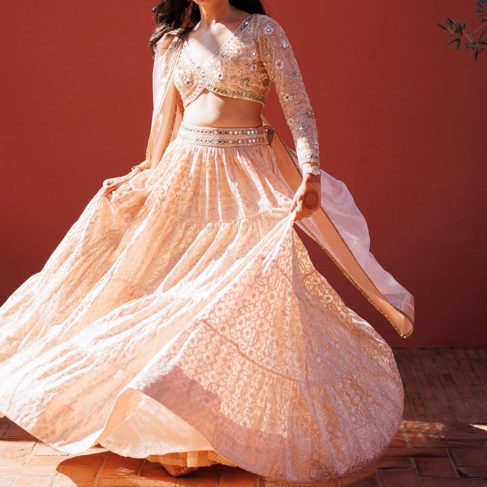 Neha Khullar Chanderi Silk Embroidered Lehenga Set: Customized in PEACH - Picture 6 of 8